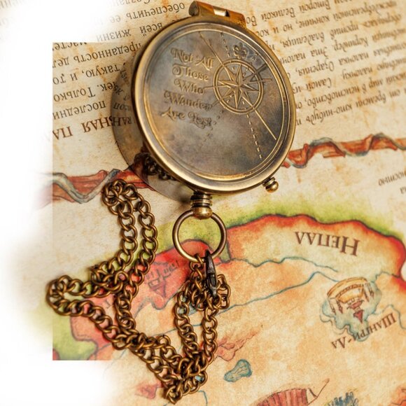 Brass Compass with Leather Case Not All Those Who Wander Are Lost 2 Inch - Picture 4 of 7